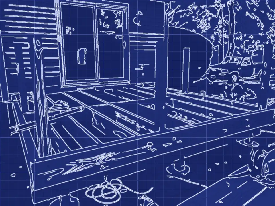 Blueprint line drawing of the deck framing